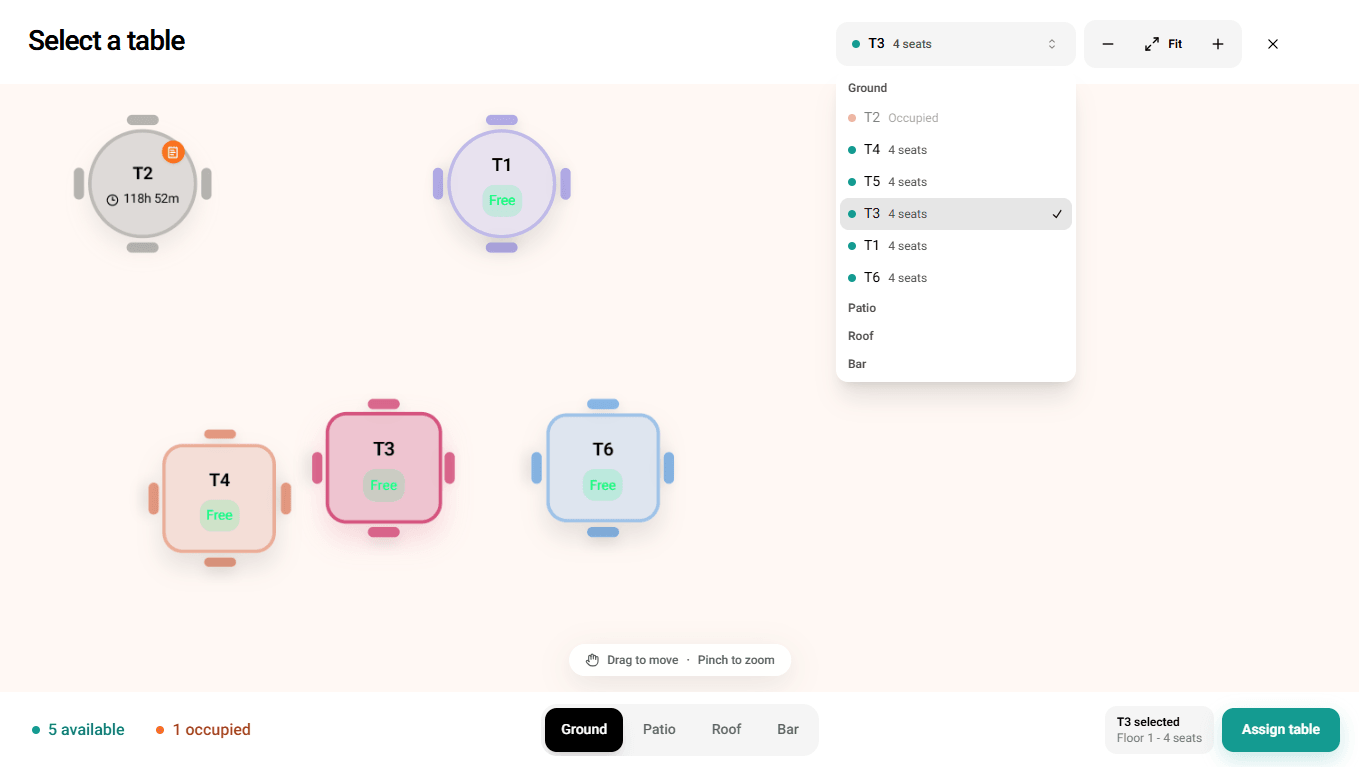 Puffer POS table management floor map showing real-time table status for cafes